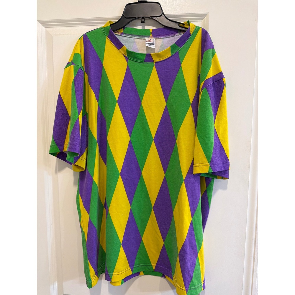 KBW Mardi Gras Harlequin Diamond T-Shirt XXL Purple Green Yellow Carnival Tee